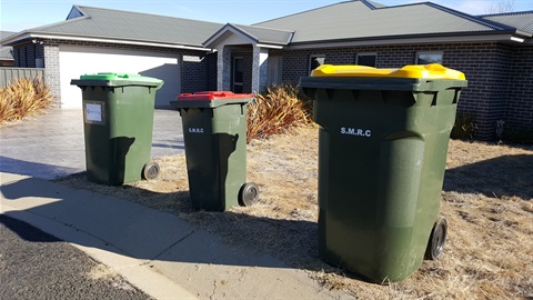 Green, red and yellow lidded bins in front of house