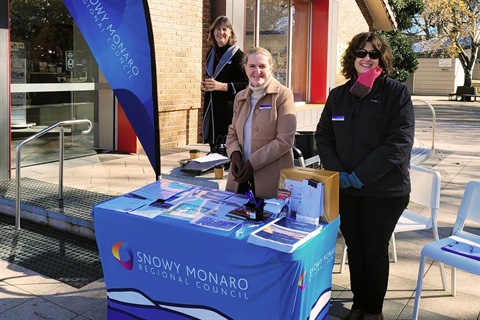 Council staff and Cr Hopkins at an IP&R pop-up stall in Cooma, May 2024