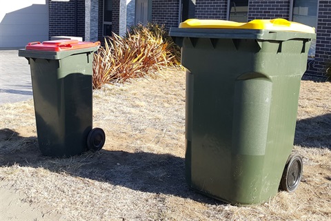 Rubbish and recycling bin sitting on the kerb outside a residential free-standing home.