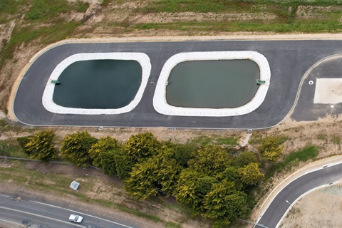 Treatment ponds at the Bombala wastewater facility, seen from above in a drone photo.