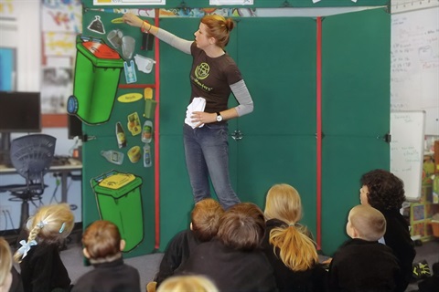 Primary school students sit on the floor of their classroom to watch an EnviroMentors presenter