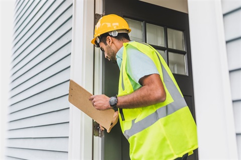 Man in reflective vest and hard hat performing inspection at new house