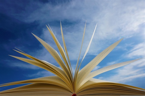 Open book against a blue sky